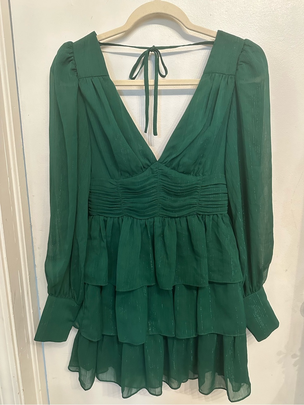WAYF Emerald Green Long-Sleeve Tiered Ruffle Dress Size XS NWT